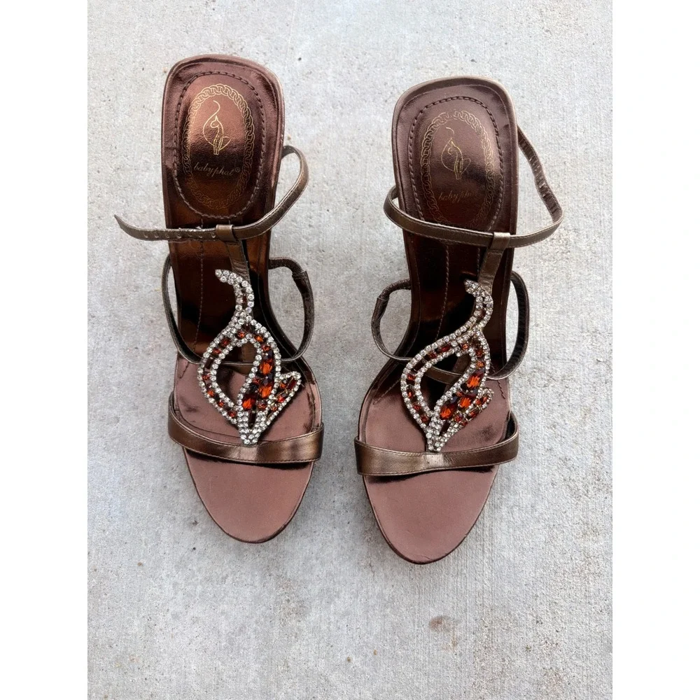 Y2K Grail Baby Phat Metallic Bronze Rhinestone Cat Logo Wedge Sandals Heels 7 - Picture 1 of 5